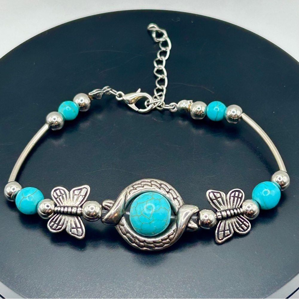Whimsical Silver & Turquoise Butterfly Accent Bracelet